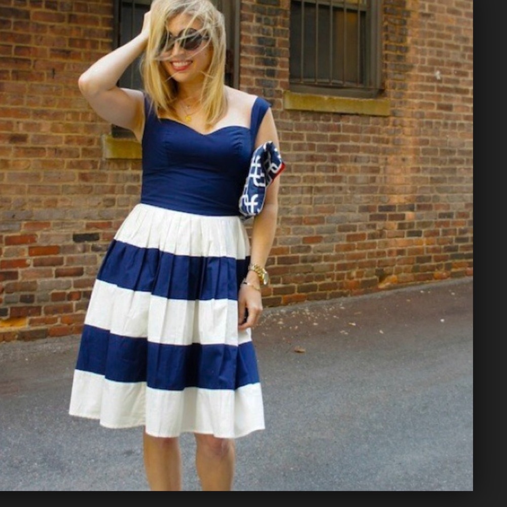 New Eshakti Blue Striped Fit & Flare Dress Size 6 - Picture 2 of 3